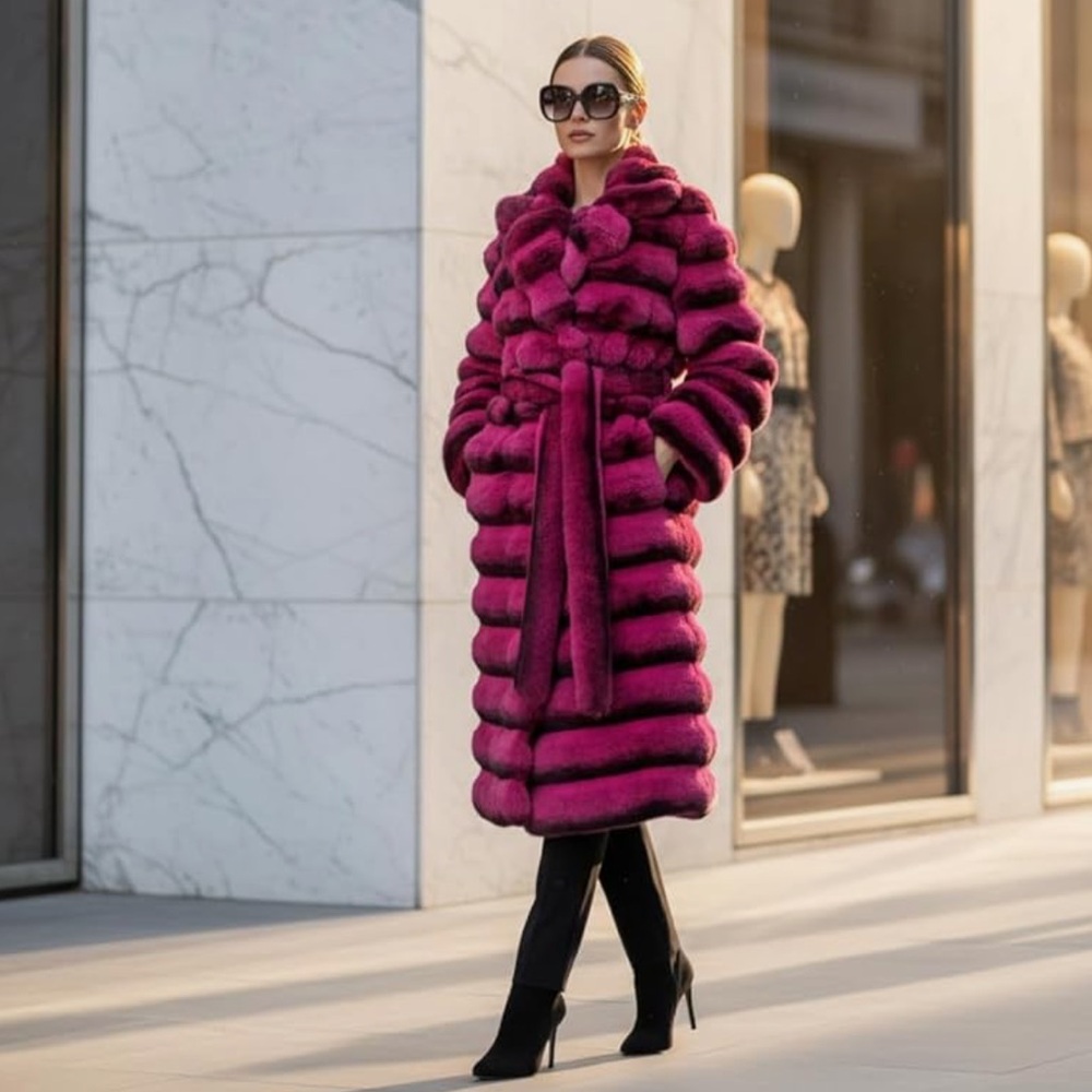 🆕 Chinchilla Faux Fur Coat Long Pink Black Warm Luxe Soft Gorgeous Rich XXXL